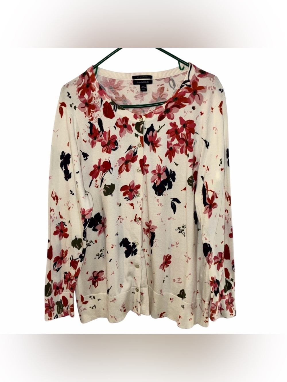 Lands' End Womens Size 2X Floral Button-Front Cardigan Sweater Supima Cotton